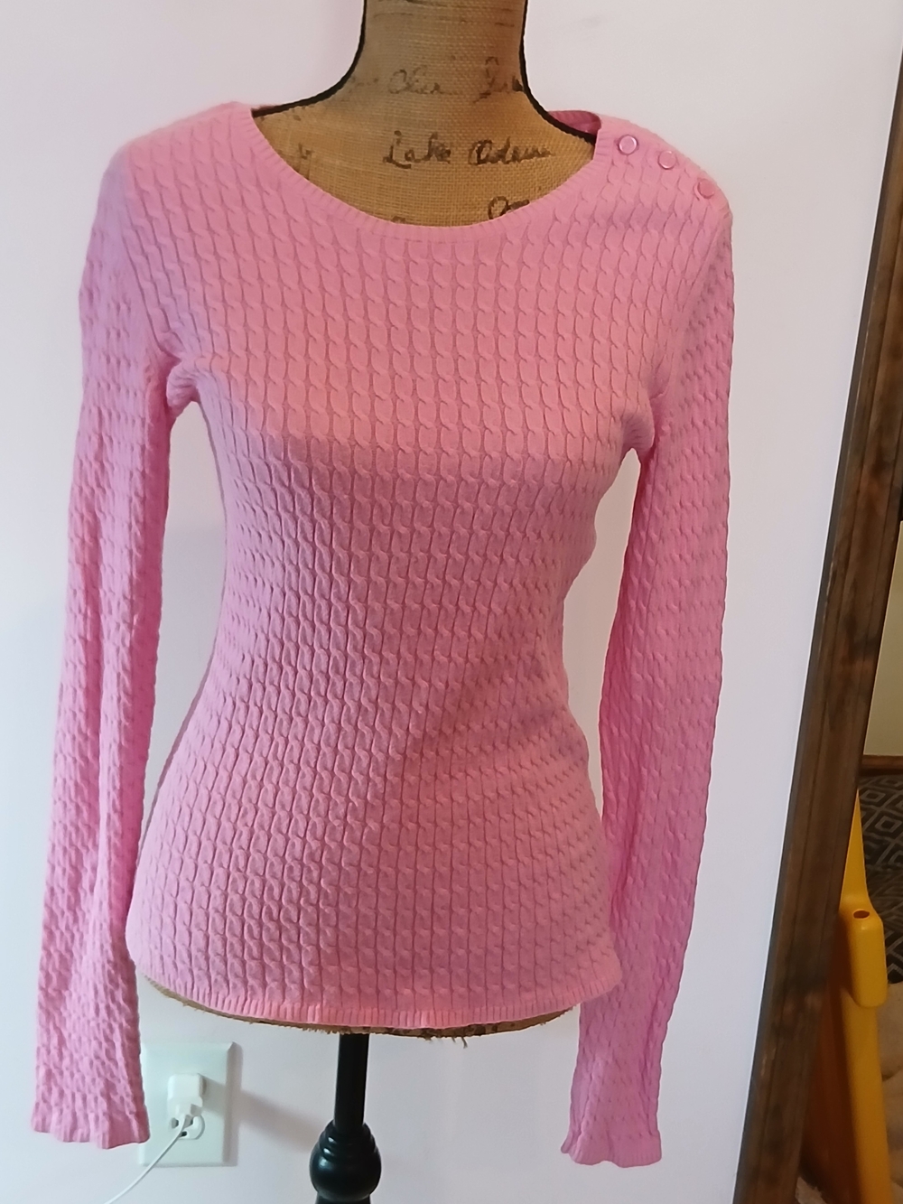 Lilly Pulitzer Pink Cable-Knit Crewneck Sweater with Shoulder Buttons